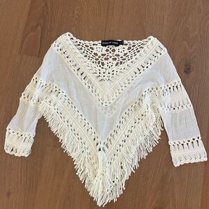 Vintage LF White Crochet Fringe Poncho